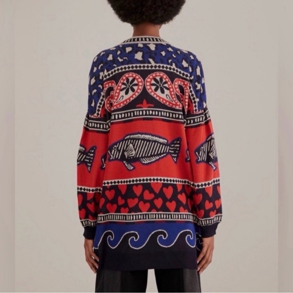 Farm Rio Navy Mixed Prints Knit Cardigan Fish size large - Picture 2 of 3